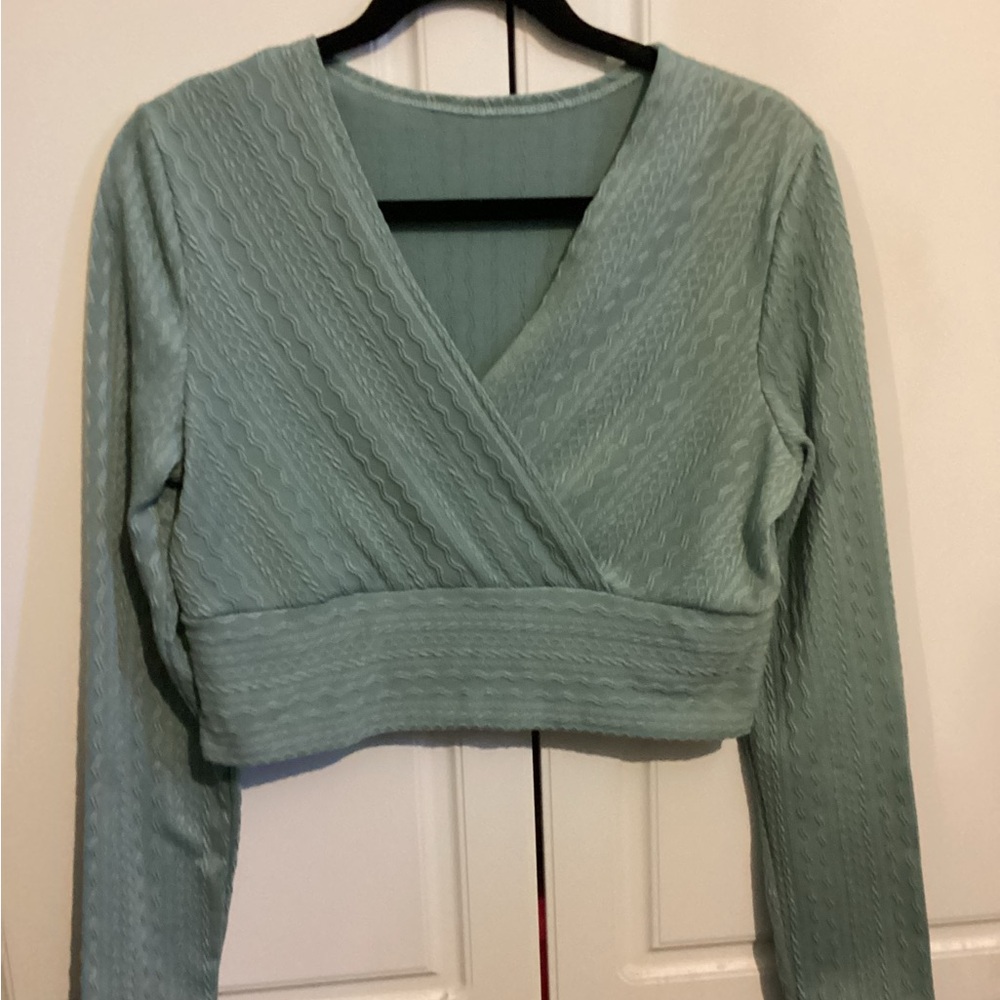 SHEIN Green Ribbed Wrap Crop Blouse